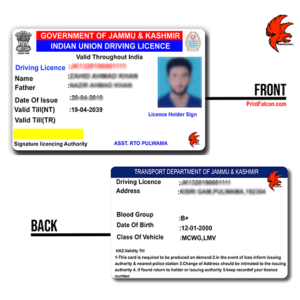 jammu and kashmir Driving licence font and back side